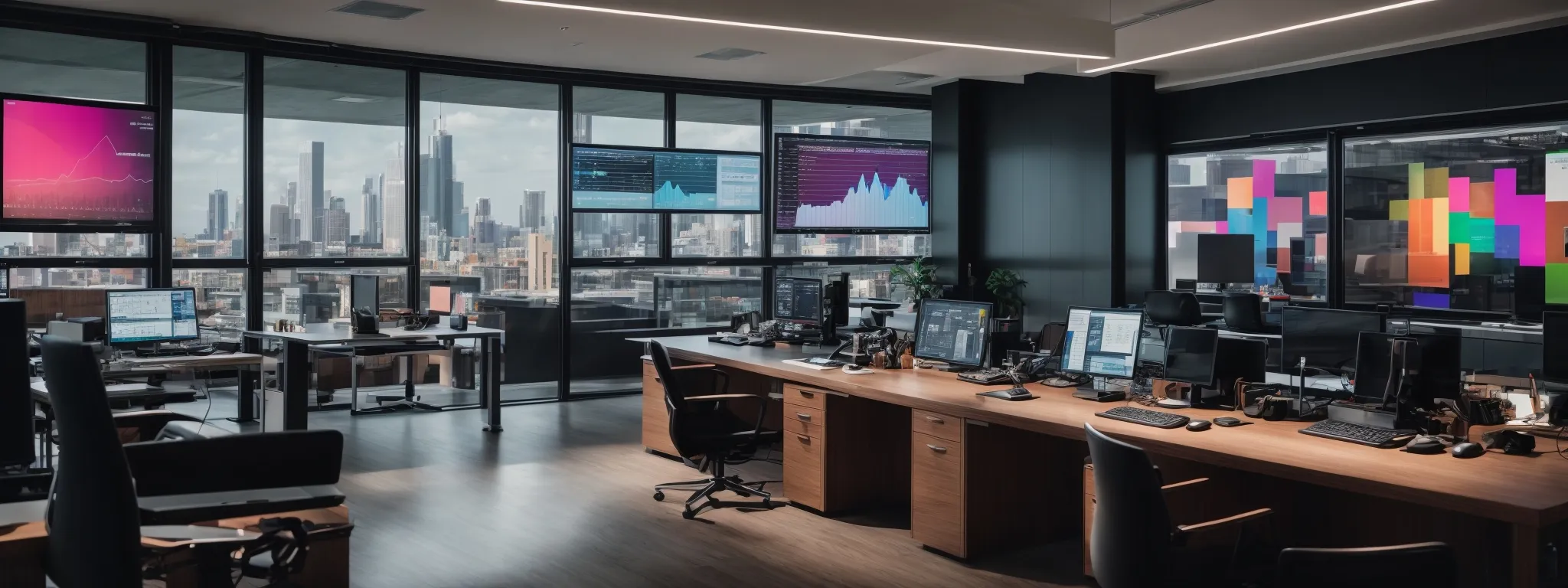 a sleek, modern office setting with multiple computer screens displaying colorful analytics and website development tools.