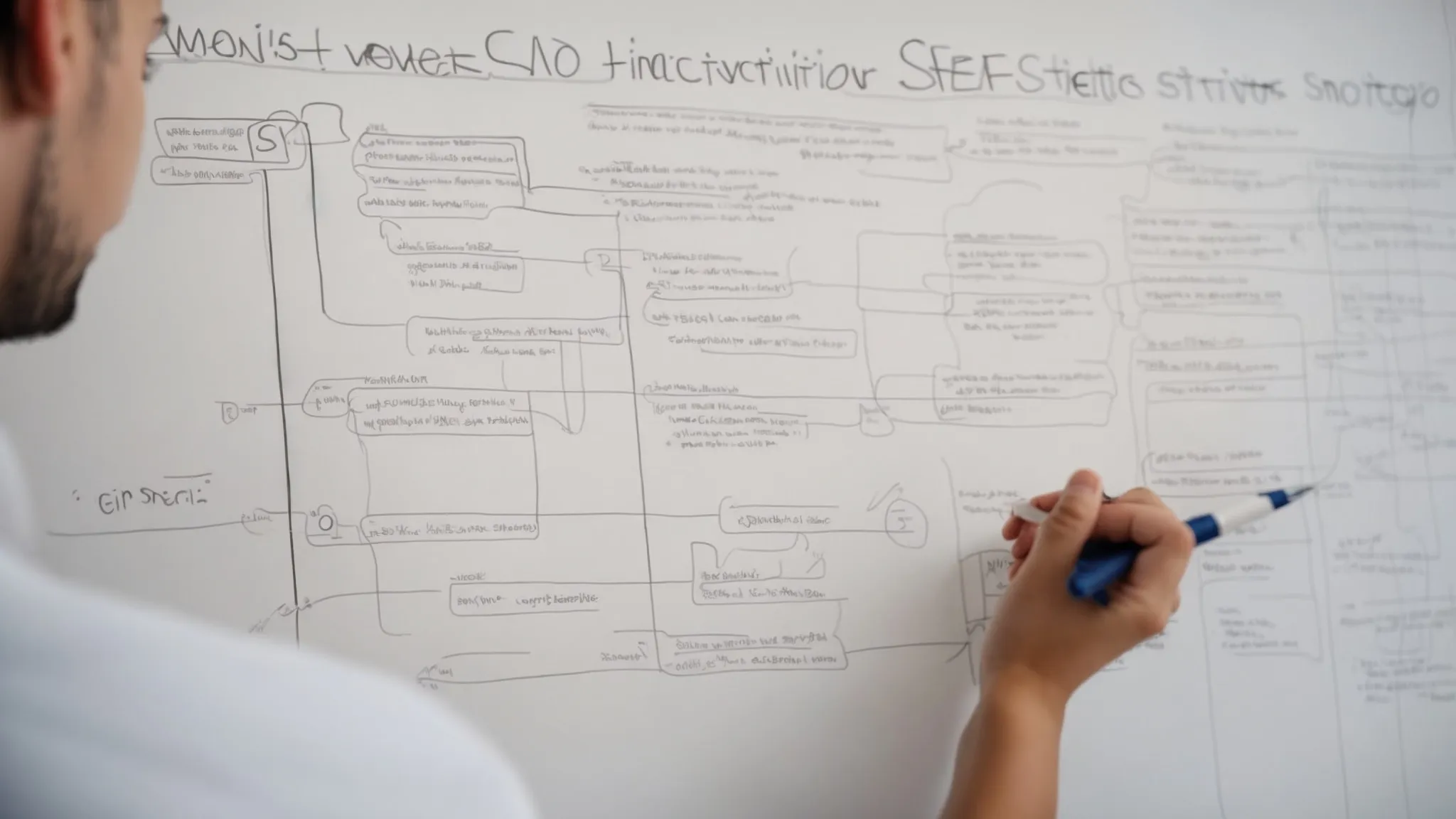 a person drawing a flowchart on a whiteboard to illustrate the steps of a tailored seo strategy for different market sectors.