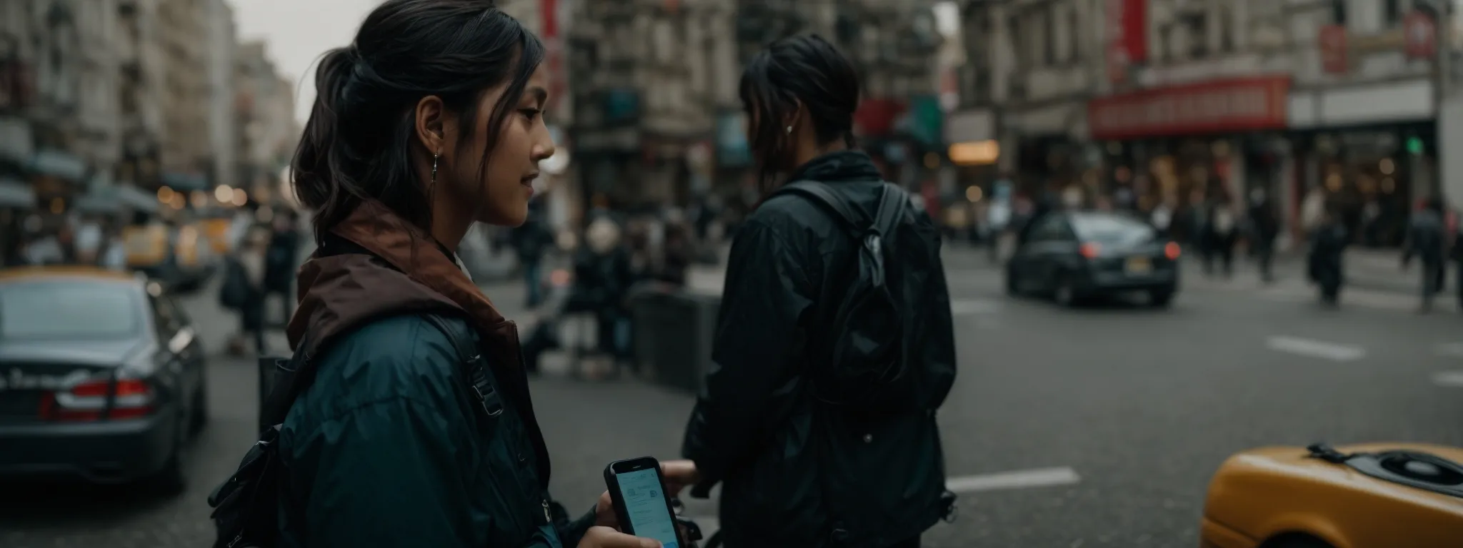 a person speaking into their smartphone, activating a digital assistant on the screen while walking through a bustling city street.
