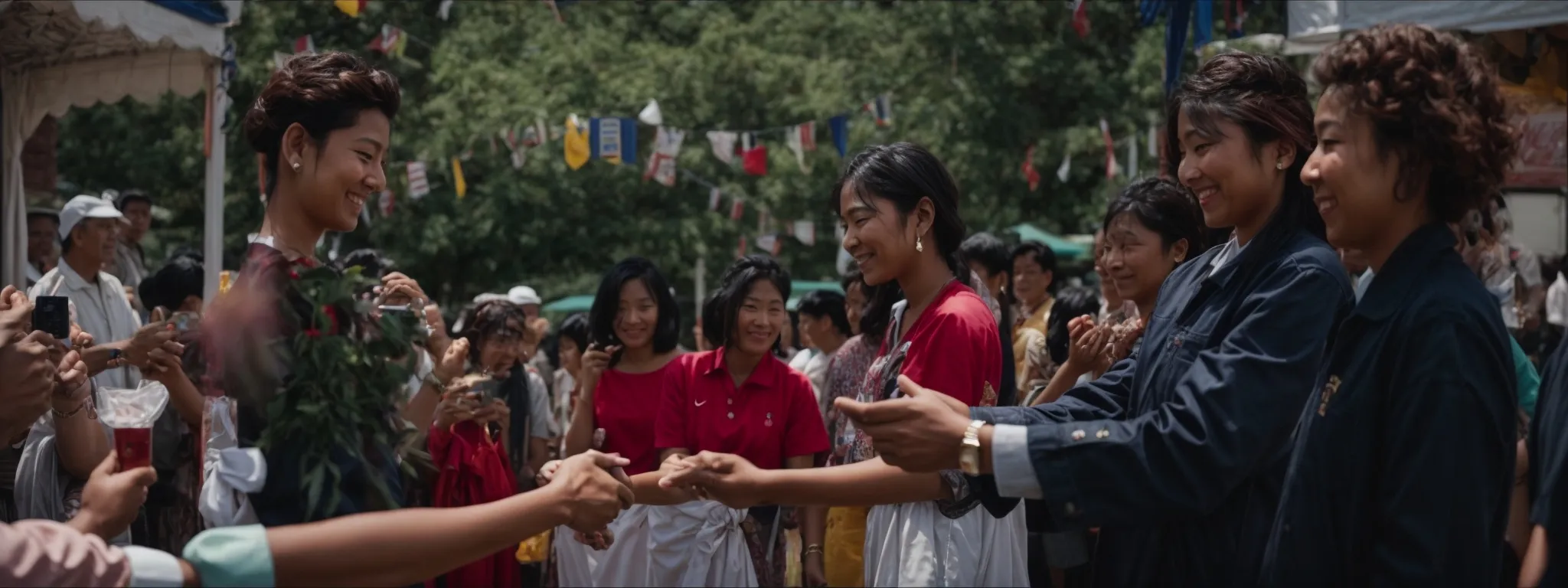 a group of shop owners shaking hands at a local community event.