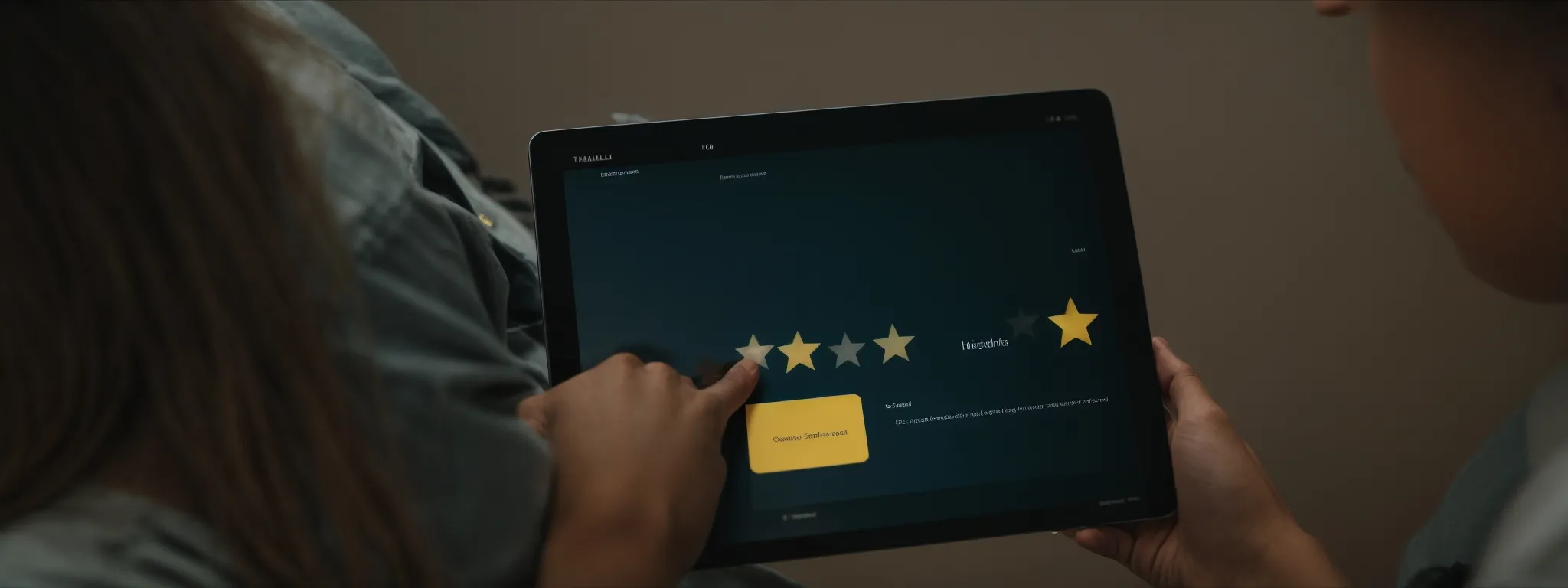 a satisfied customer using a tablet displaying a five-star rating on an online review platform.