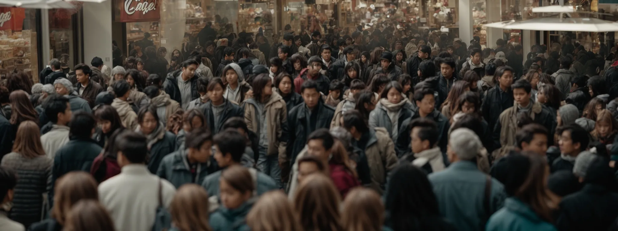 a bustling crowd of shoppers eagerly rushing into a store filled with discount signs for black friday sales.