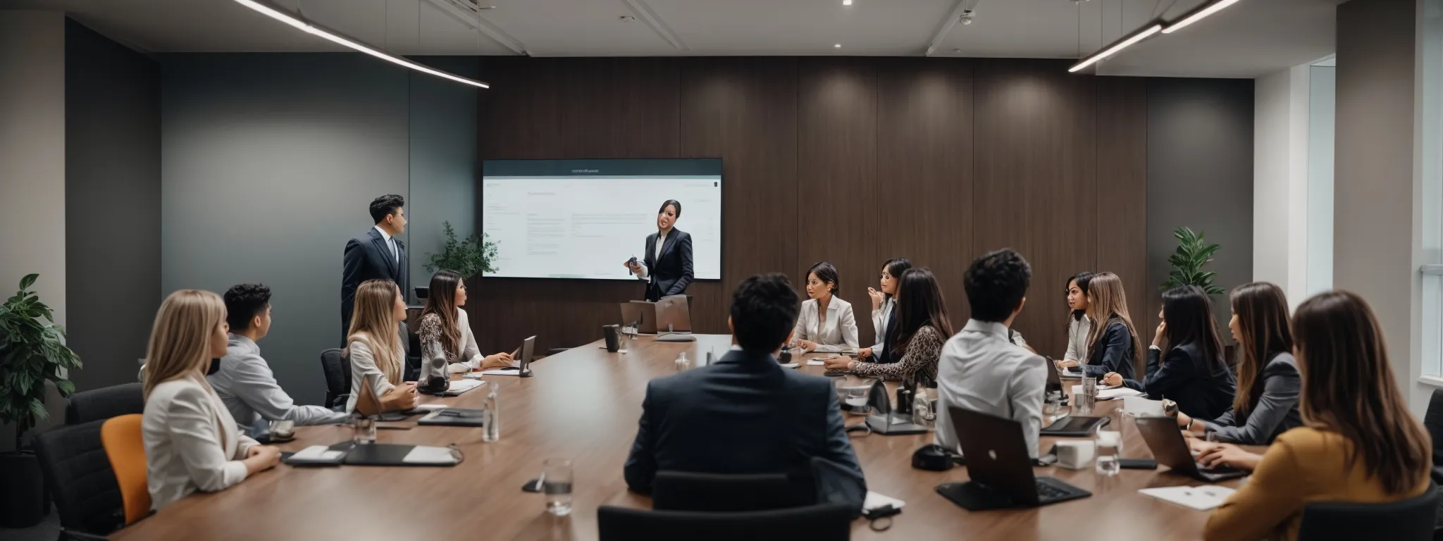 a professional marketer presents a testimonial strategy to a team in a modern office meeting room.