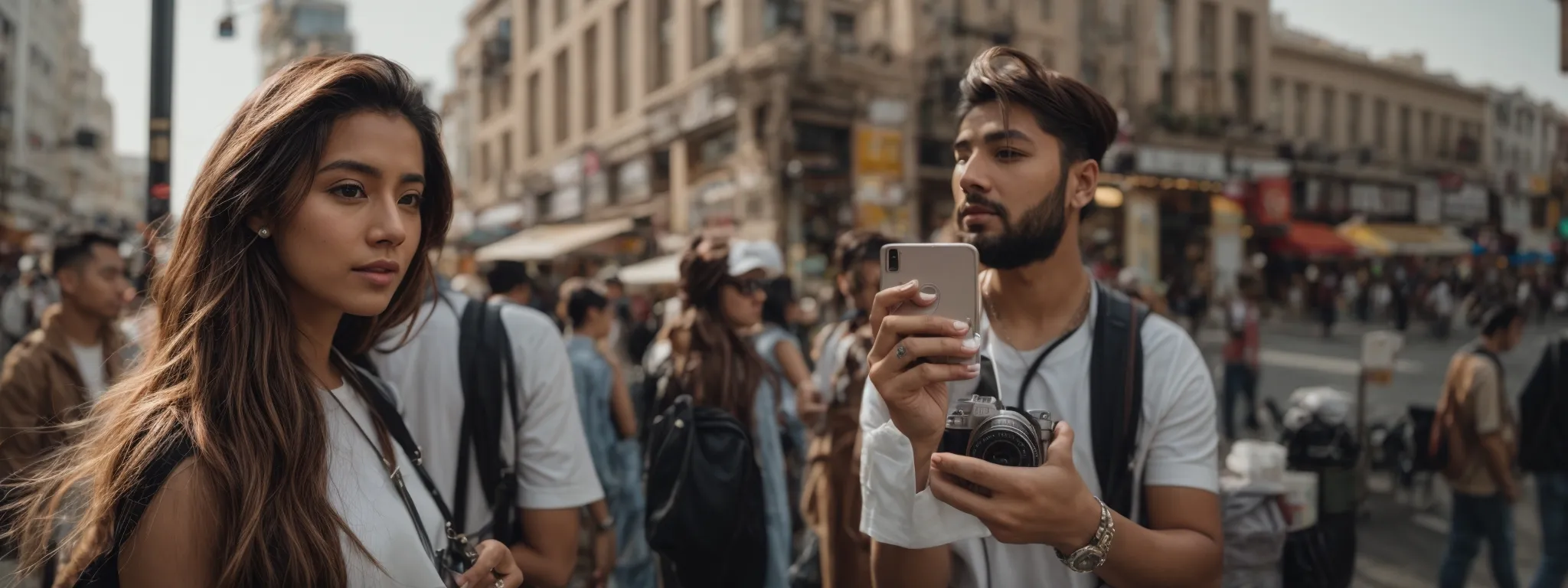 an influencer captures a selfie with a product amidst a bustling urban setting, highlighting the symbiotic relationship of brand promotion.