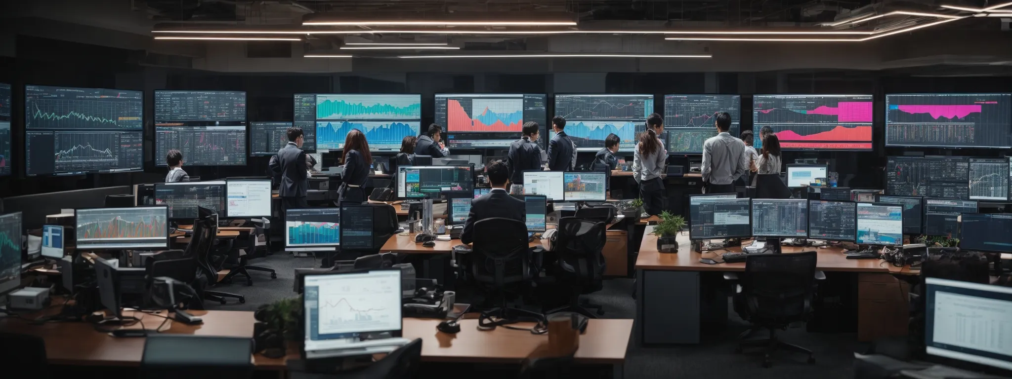 a bustling modern office with multiple large computer monitors displaying colorful graphs and analytics dashboards, while marketers discuss strategies.