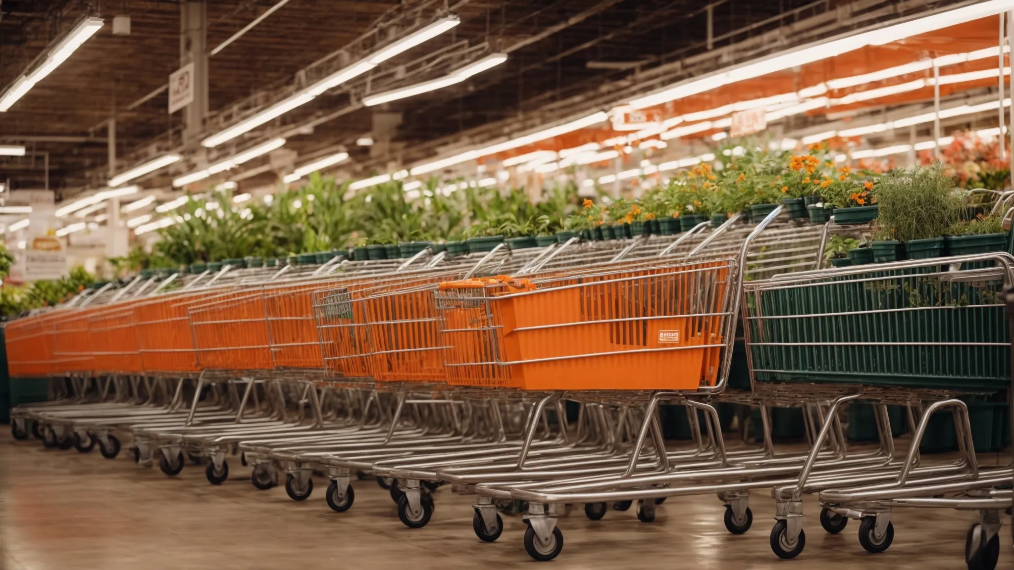 a row of orange home depot shopping carts lined up in front of the gardening section filled with plants and soils, under the bright fluorescent store lighting.
