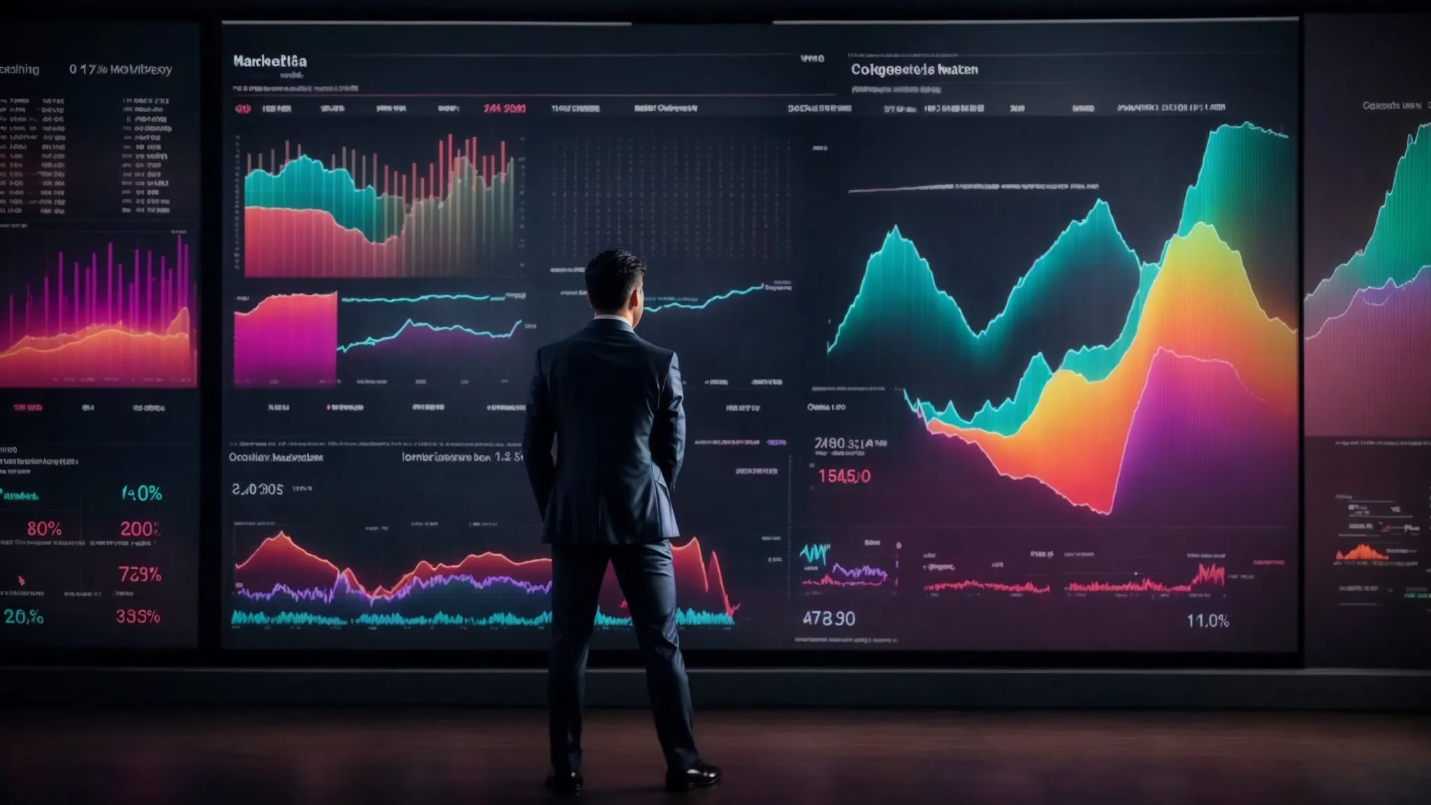 a digital marketing consultant stands before a large screen displaying colorful graphs and marketing metrics.