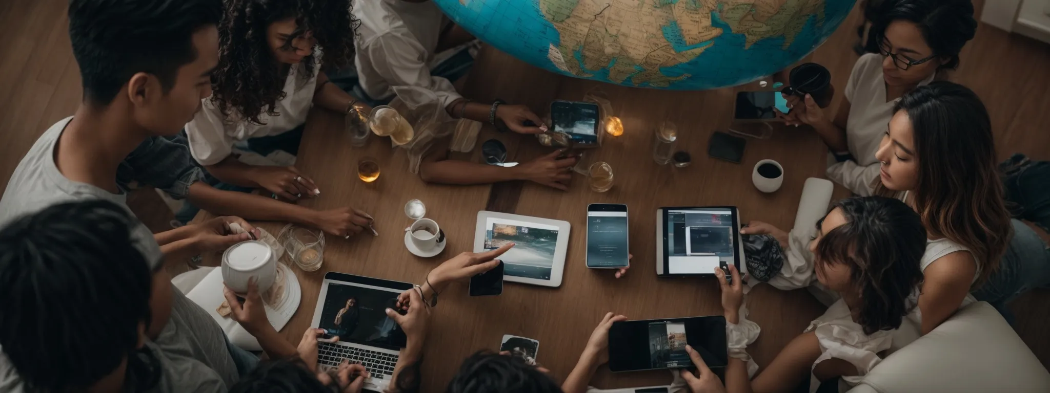 a globe surrounded by diverse people using various digital devices, symbolizing global connectivity through technology.