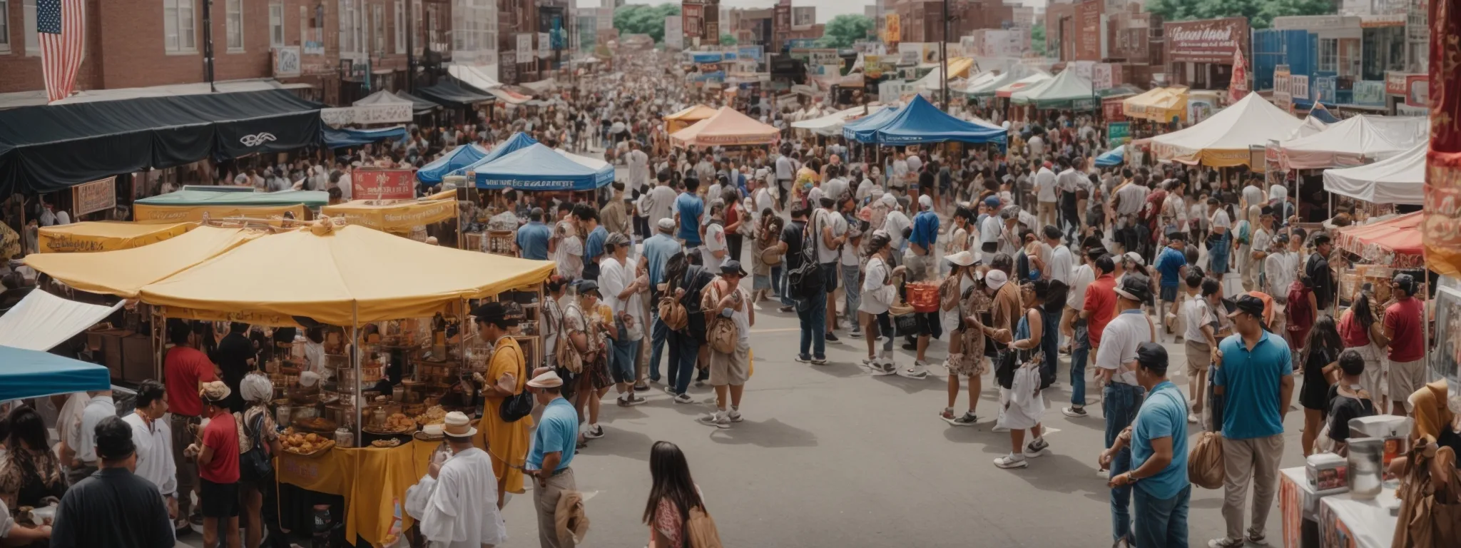 a bustling new jersey street fair with diverse booths, local delicacies, and a live music performance.