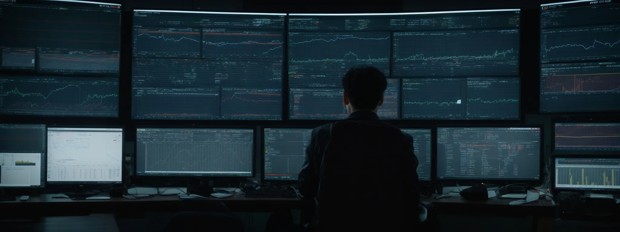 a person sitting in front of a massive bank of monitors displaying web analytics and seo tools.