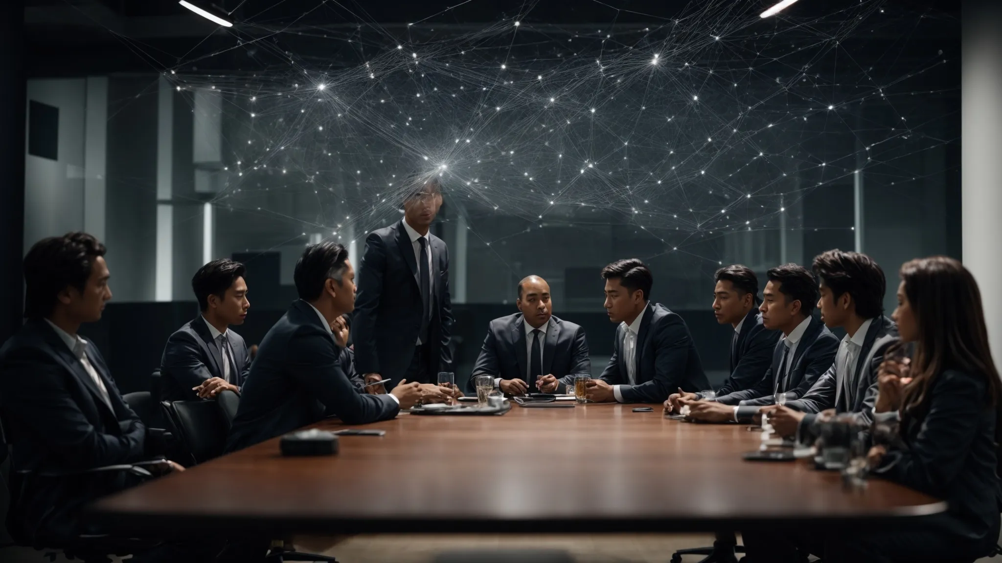 a group of professionals gathered around a conference table, discussing strategies with a visible web of interconnected nodes on a screen behind them.