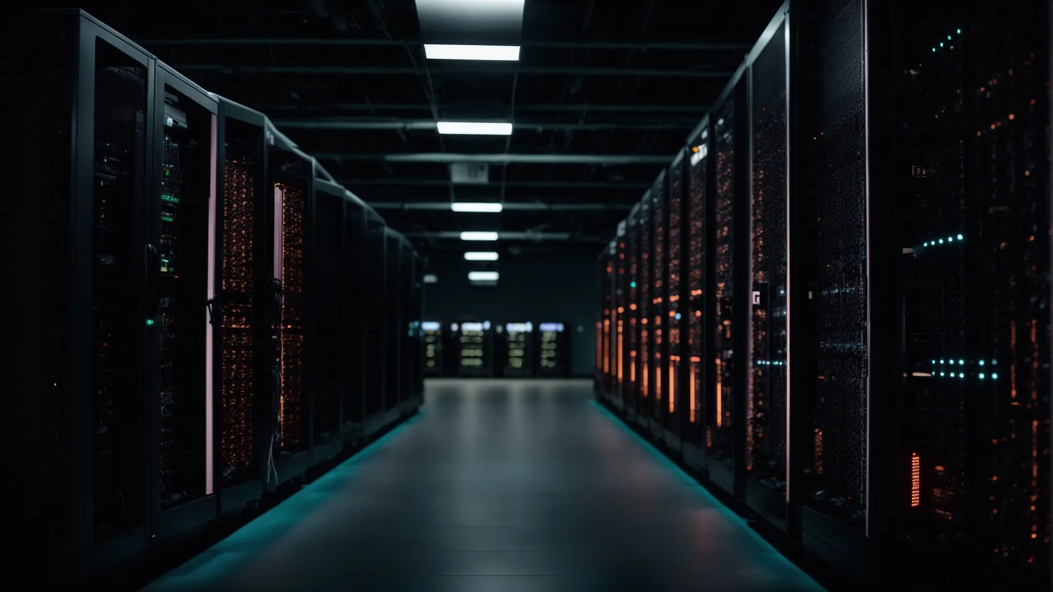a row of servers with blinking lights in a dark data center room.