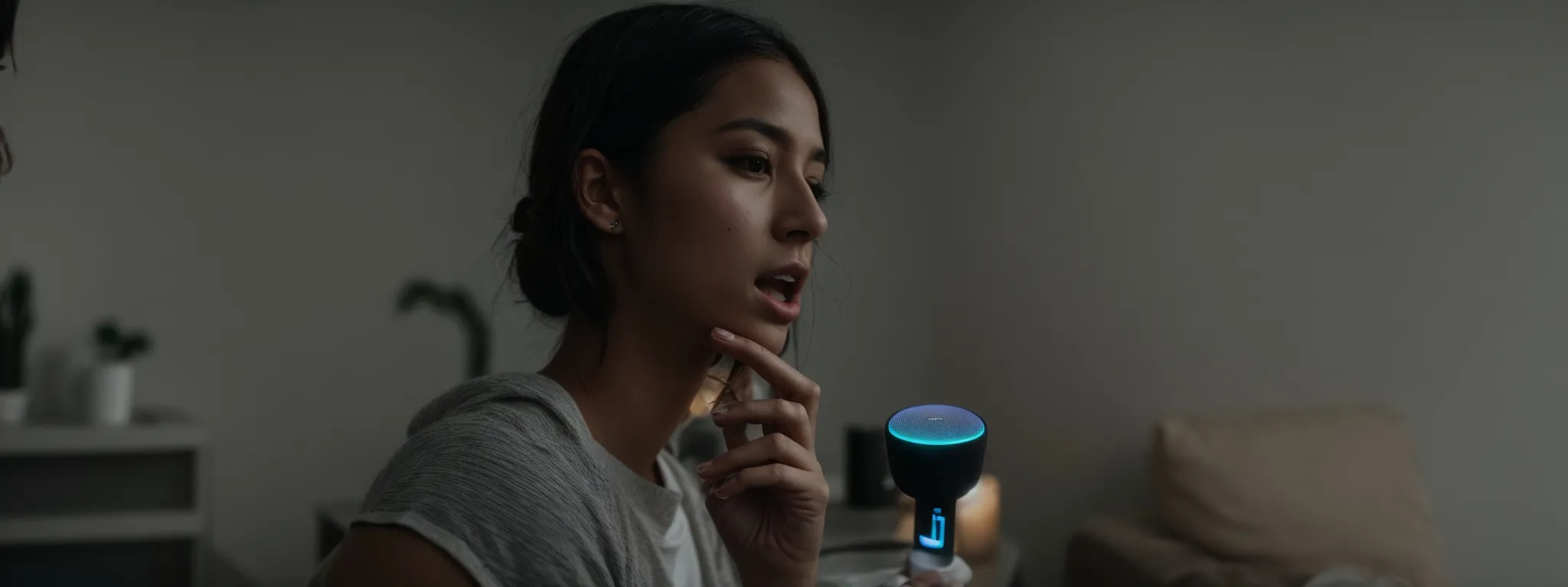 a person talks to a smart speaker, initiating a voice search, with visible sound waves emanating from their mouth towards the device.