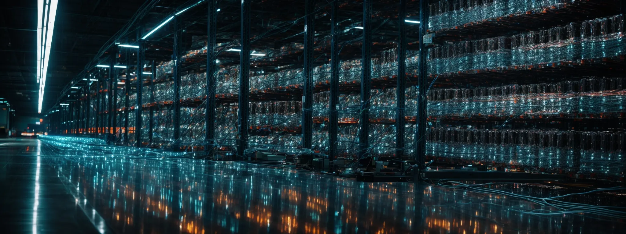 a bustling ecommerce warehouse with rows of servers and fiber optic cables reflecting a high-speed network infrastructure.