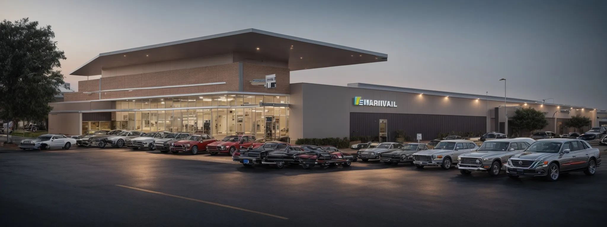 a car dealership with an array of vehicles and welcoming entrance, devoid of any discernible branding or text, embodies a hub for local automotive commerce.