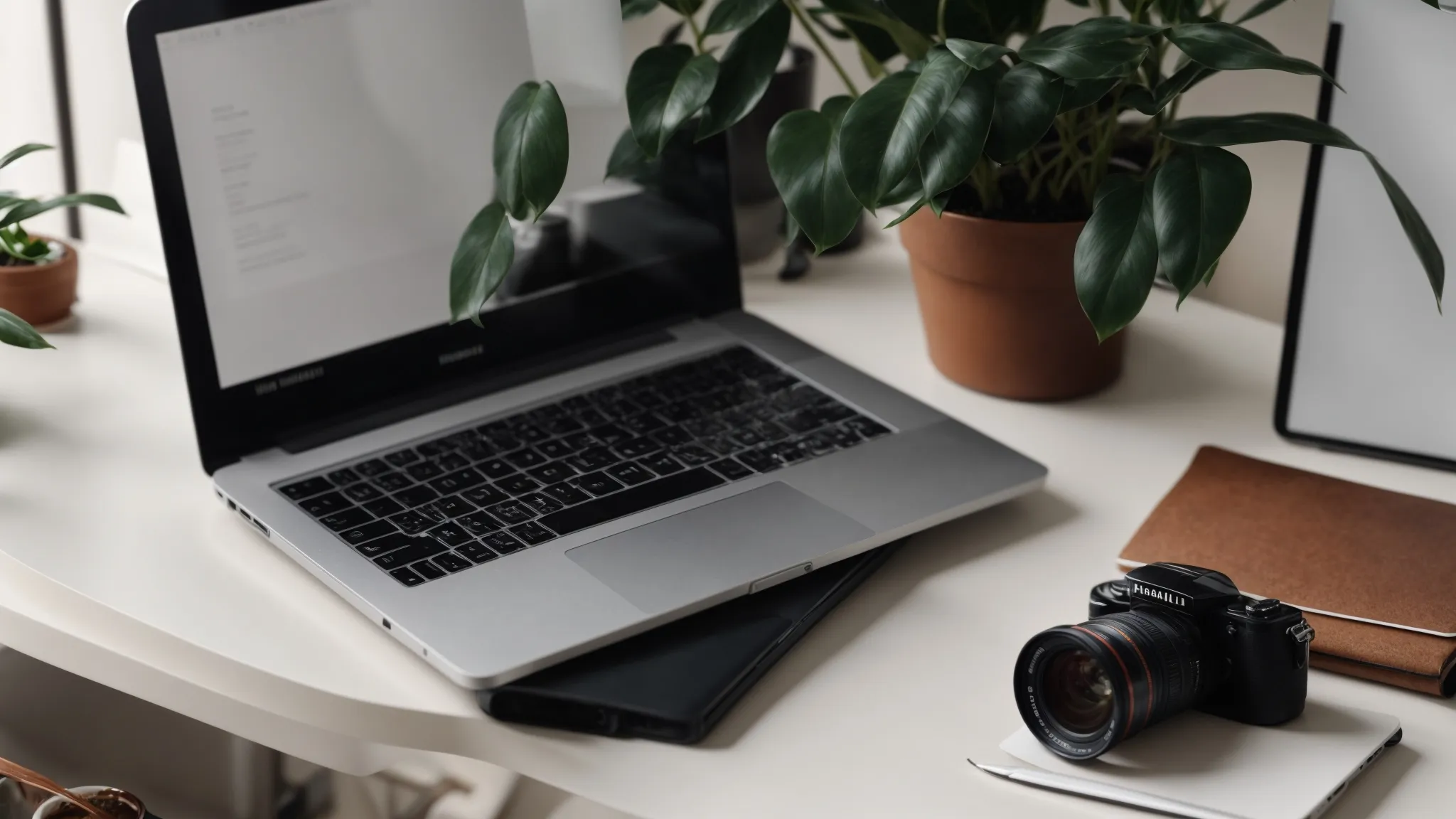 a clean desk with a modern laptop, a high-quality camera, and a notebook with a pen neatly aligned beside a potted plant.