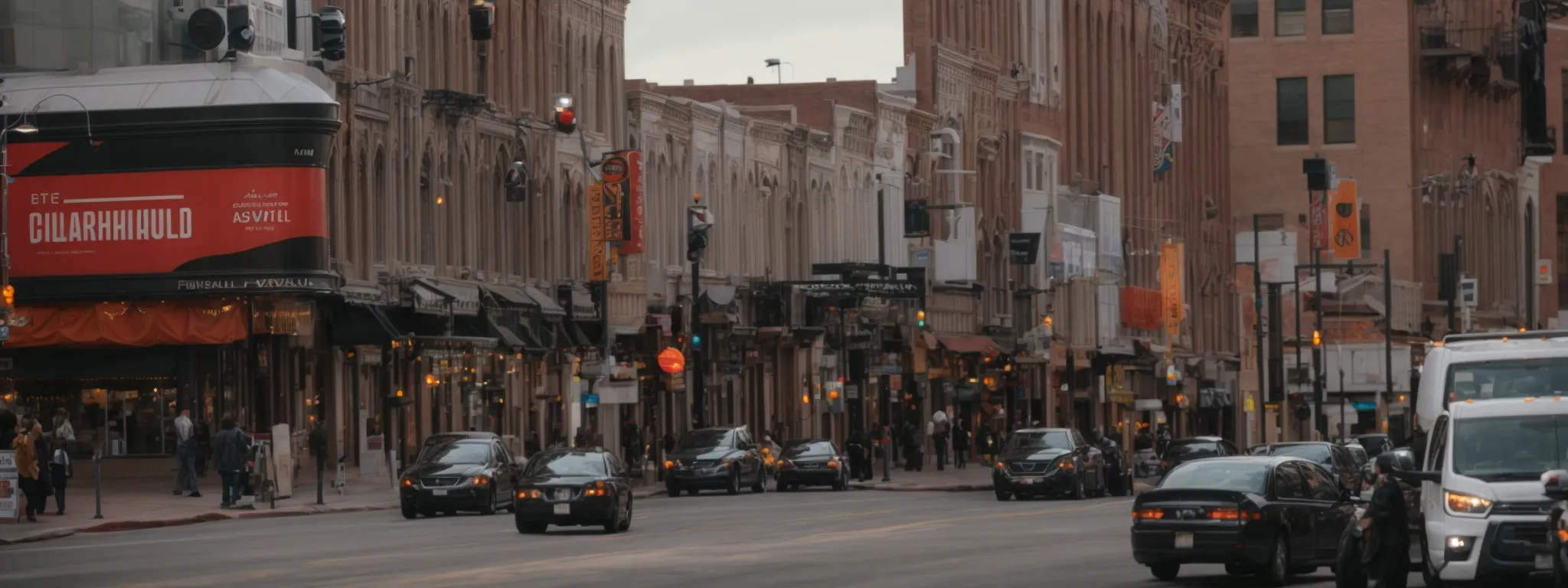 a bustling denver city street with visible storefronts and active online marketing billboards.