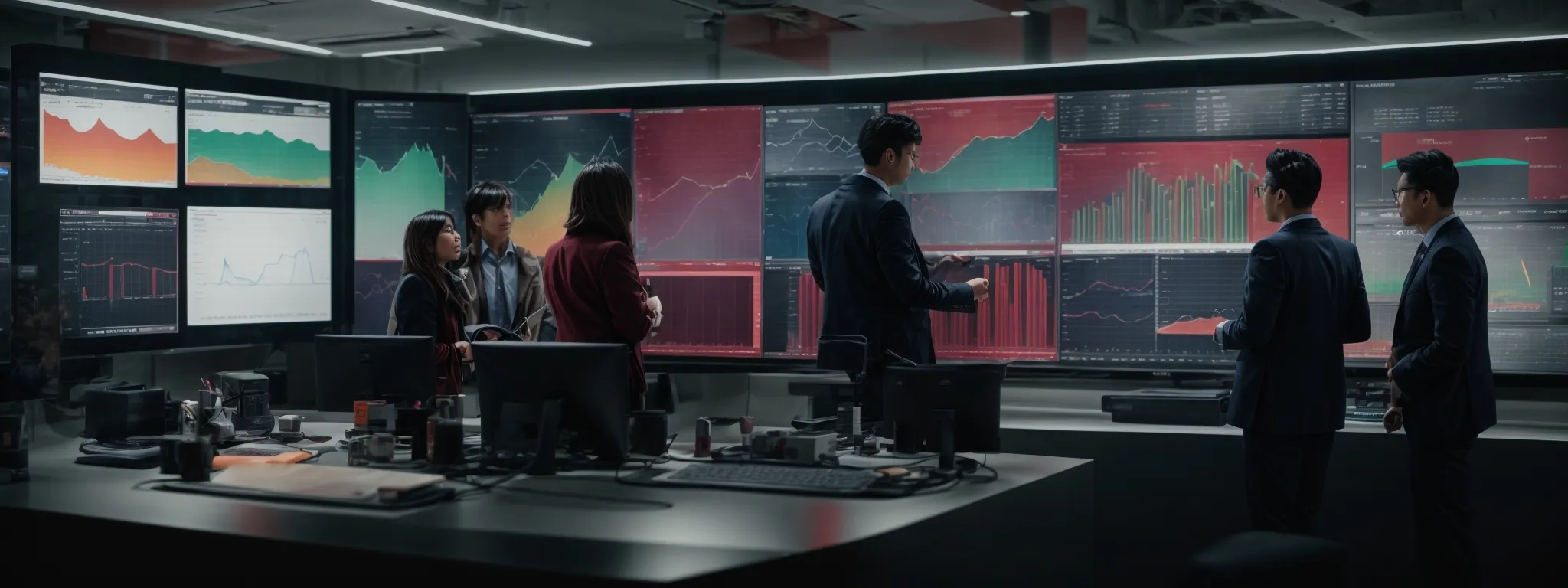 a group of professionals gathered around a large dashboard display analyzing colorful graphs and charts.