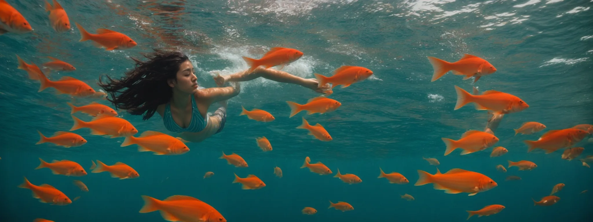a person submerged in ocean waters, swimming near bright coral and tropical fish.
