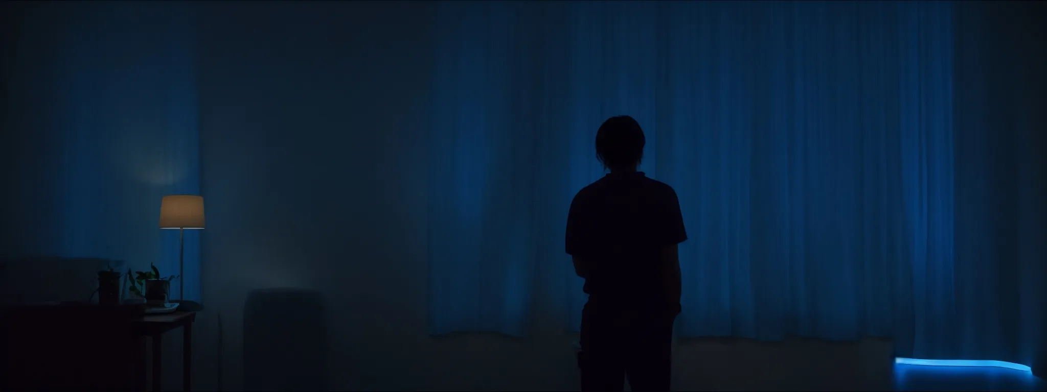 a human silhouette speaking to an amazon echo device that illuminates a room with a soft blue light.