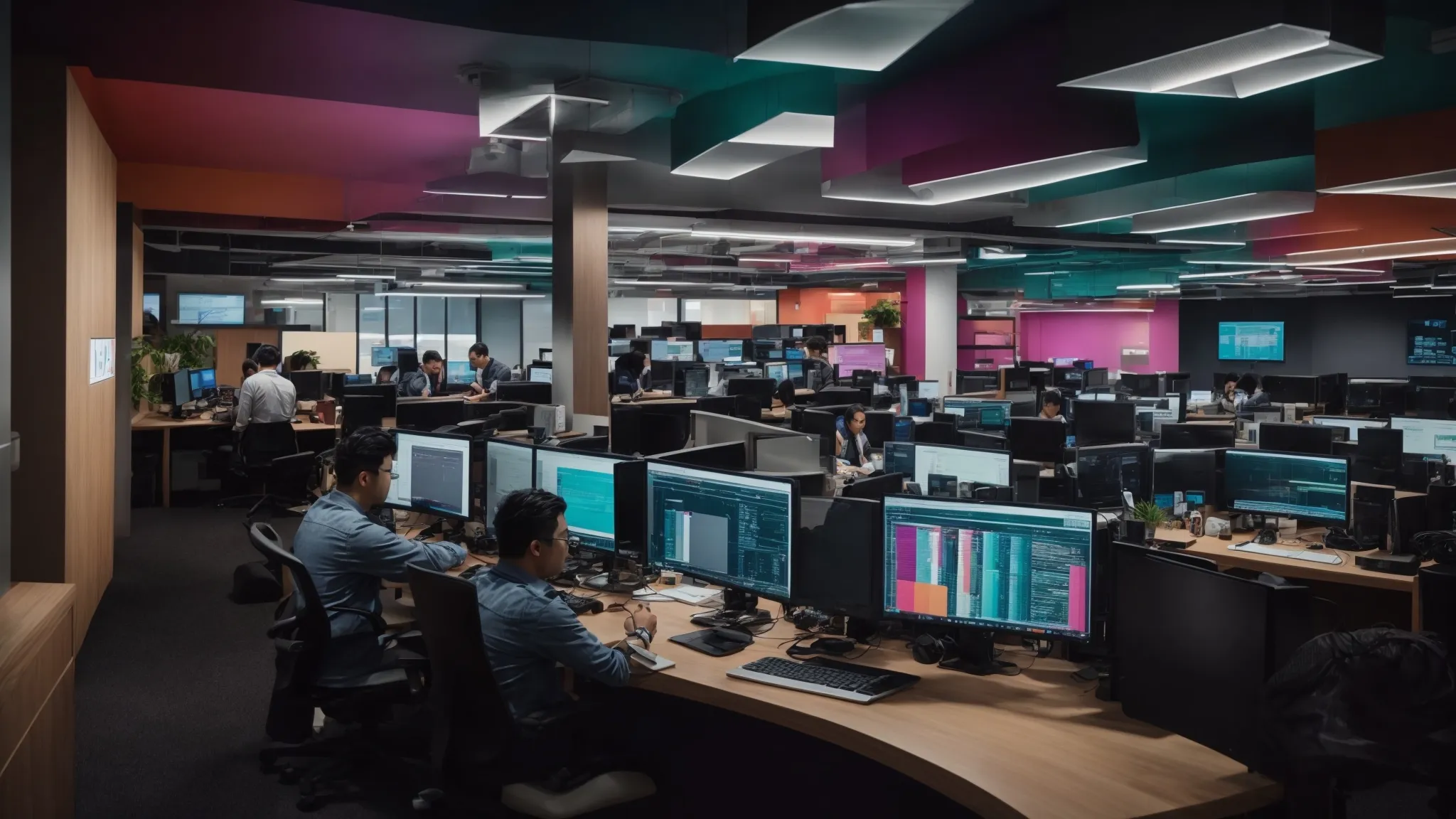 a bustling digital marketing office with multiple computers displaying colorful analytics dashboards.