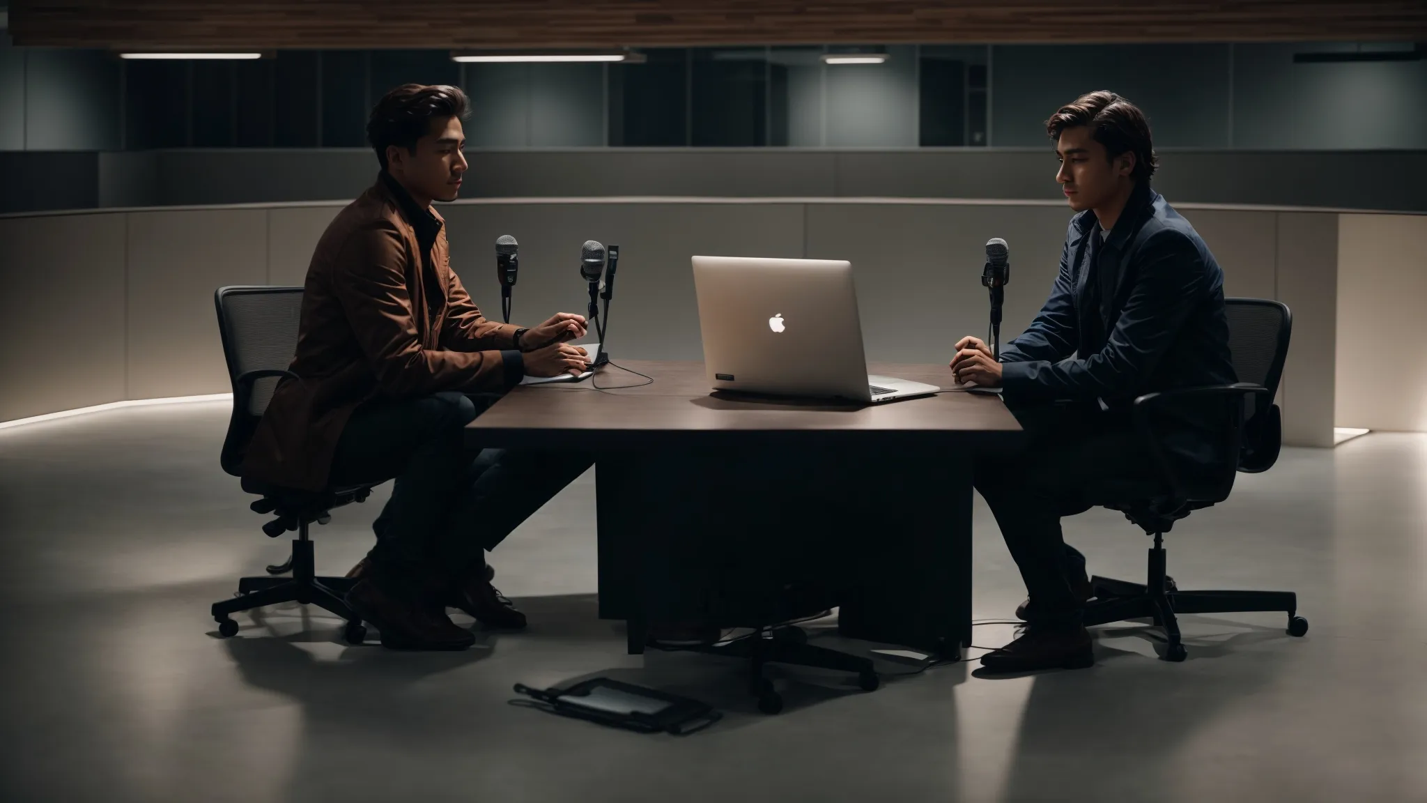 two people sit in a modern studio, speaking into microphones with a laptop open in front of them.