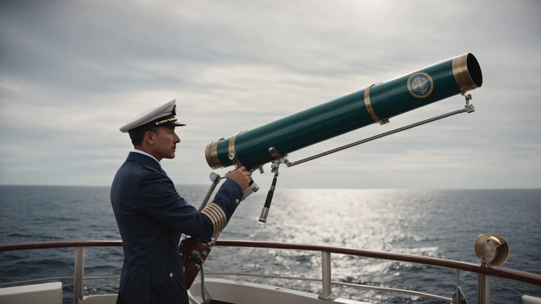 a ship's captain intently peers through a telescope across the vast ocean horizon.