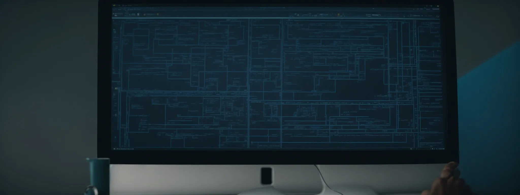 a person intently examines a complex blueprint of a website layout on a computer screen, symbolizing strategic seo planning.