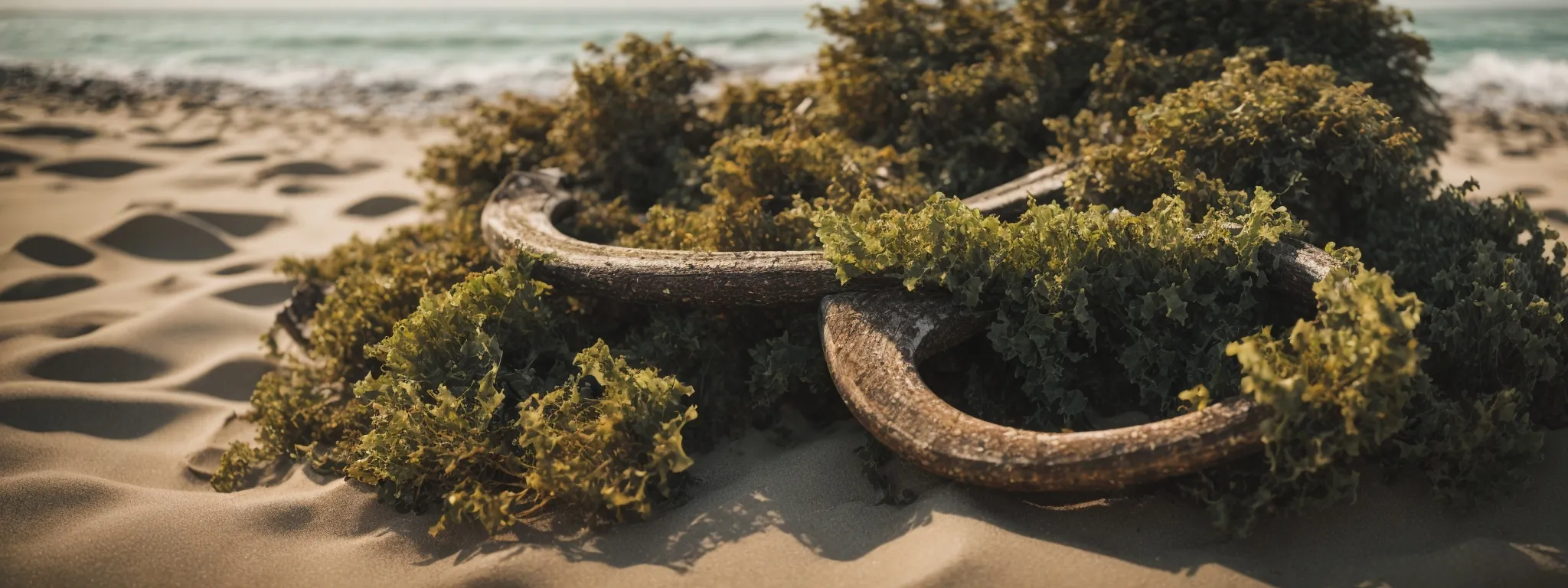 a close-up of an old nautical anchor entwined in seaweed lying on a sandy beach.