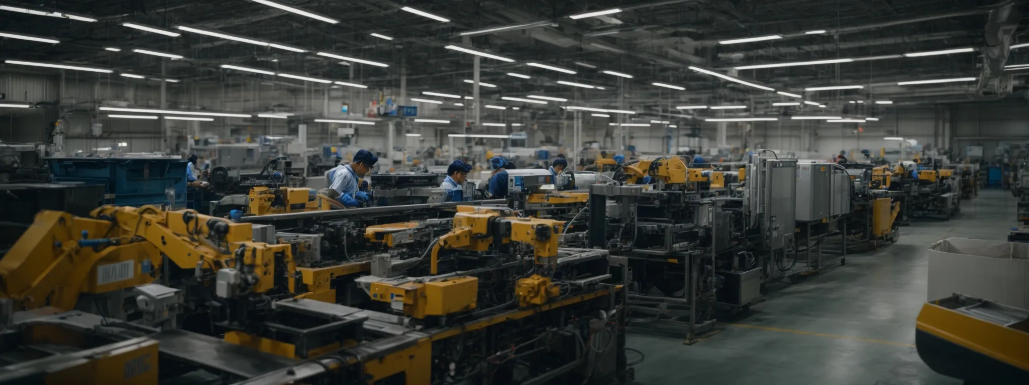 an assembly line with workers and robots efficiently sorting and repackaging materials for recycling.