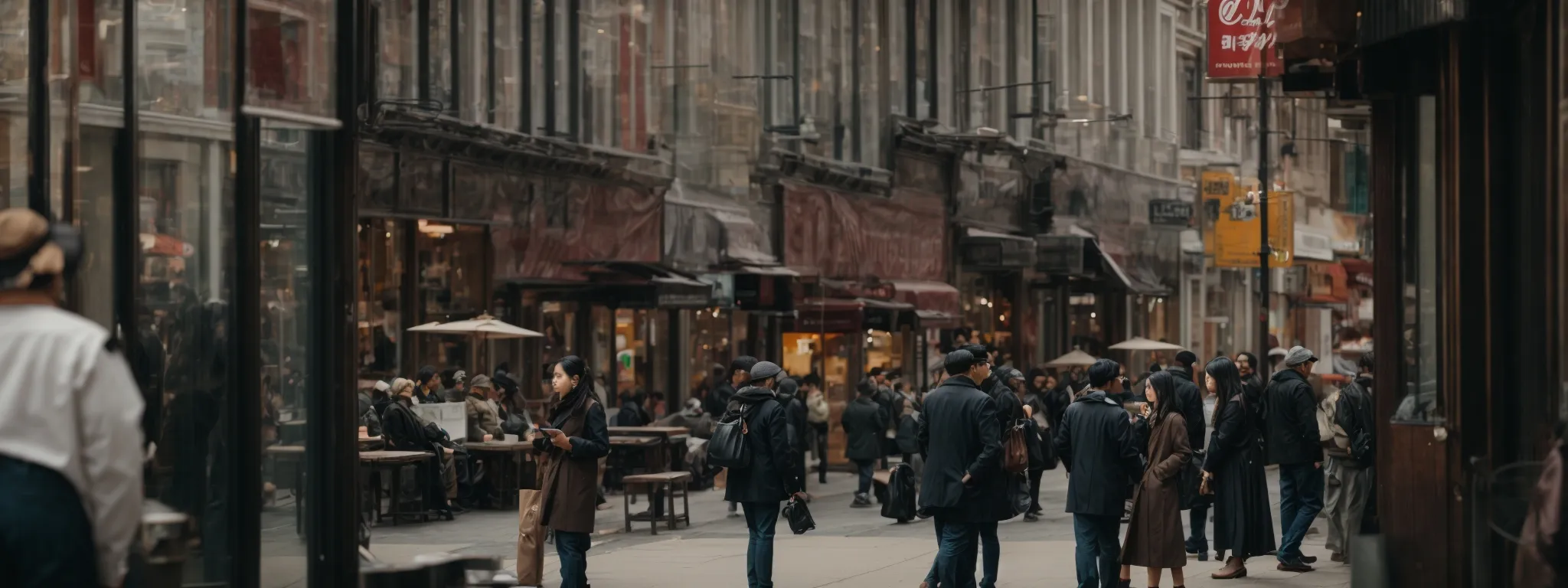 a bustling urban street scene with diverse storefronts and a focused individual interacting with a mobile device.