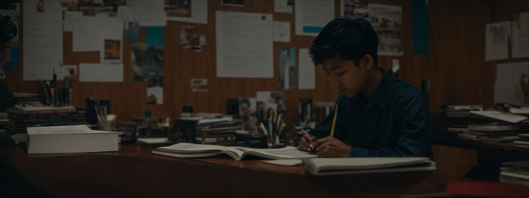 a student sits at a clutter-free desk, studying a large, open atlas, symbolizing the strategic search for valuable global connections.