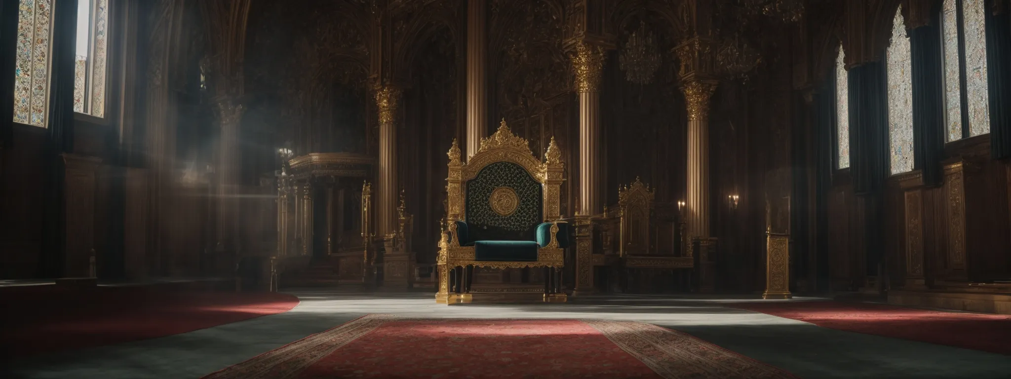 a king's throne sitting empty in a grand room, symbolizing the search for the reigning force in the digital marketing realm.