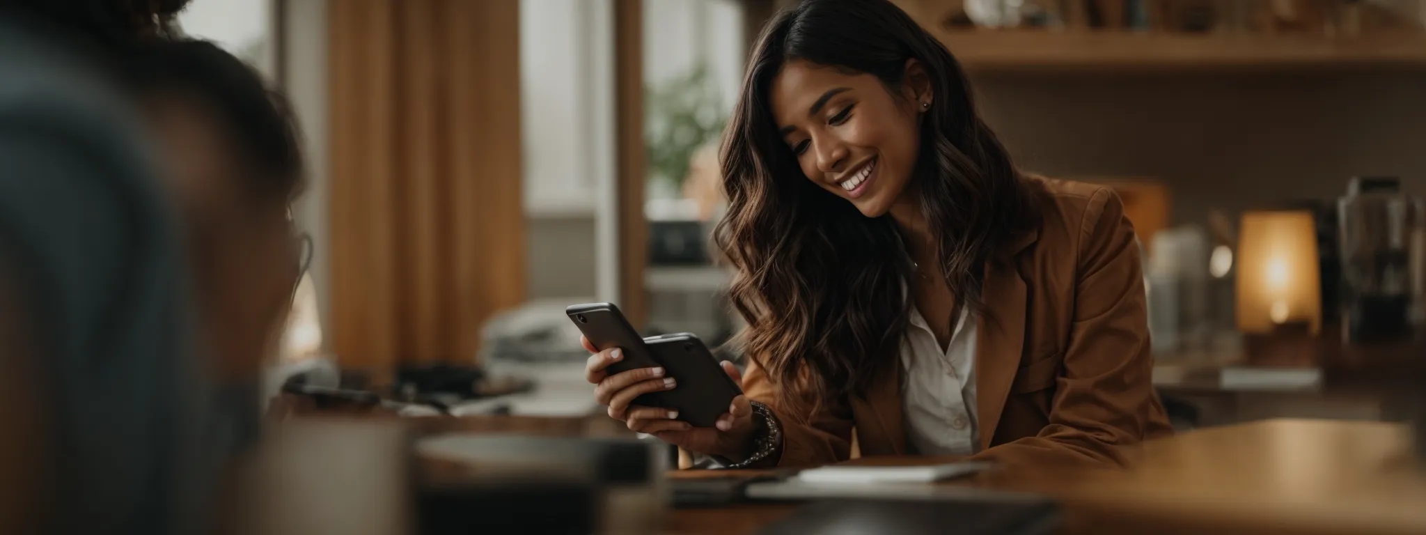 a user smiling with satisfaction while effortlessly browsing a fast-loading, mobile-friendly website on their smartphone.