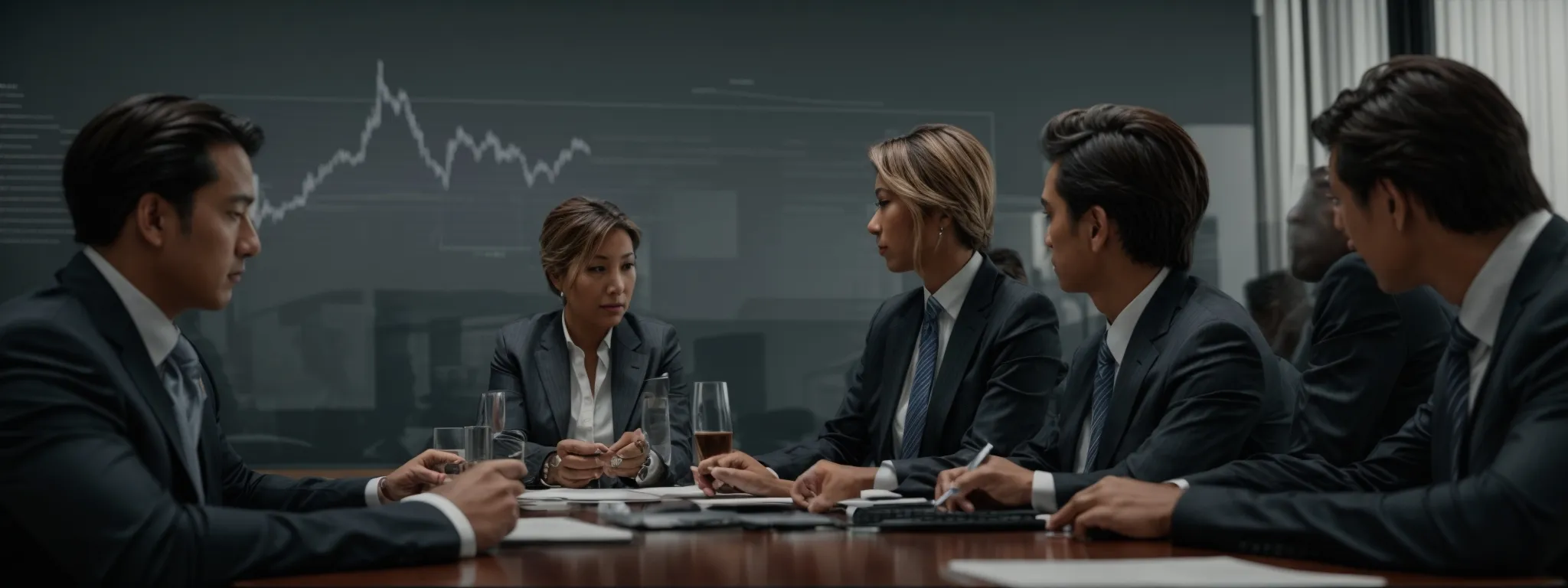 a group of executives analyzing a large graph chart during a boardroom meeting.
