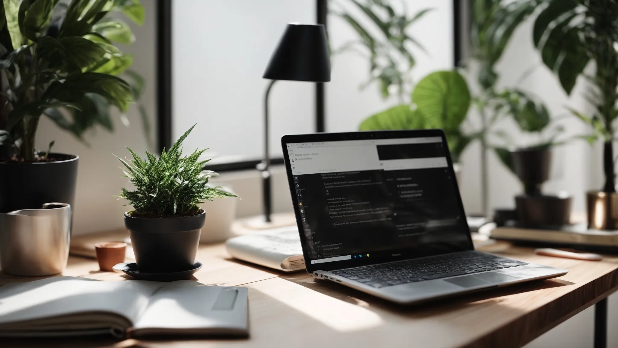 a laptop with an open notepad beside it, placed on a minimalist modern desk with a plant pot, symbolizing a professional seo copywriting workspace.