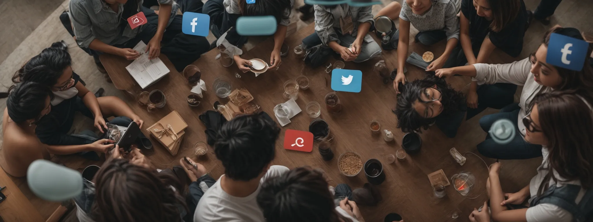 a group of people exchanging ideas with various social media icons floating above their heads.