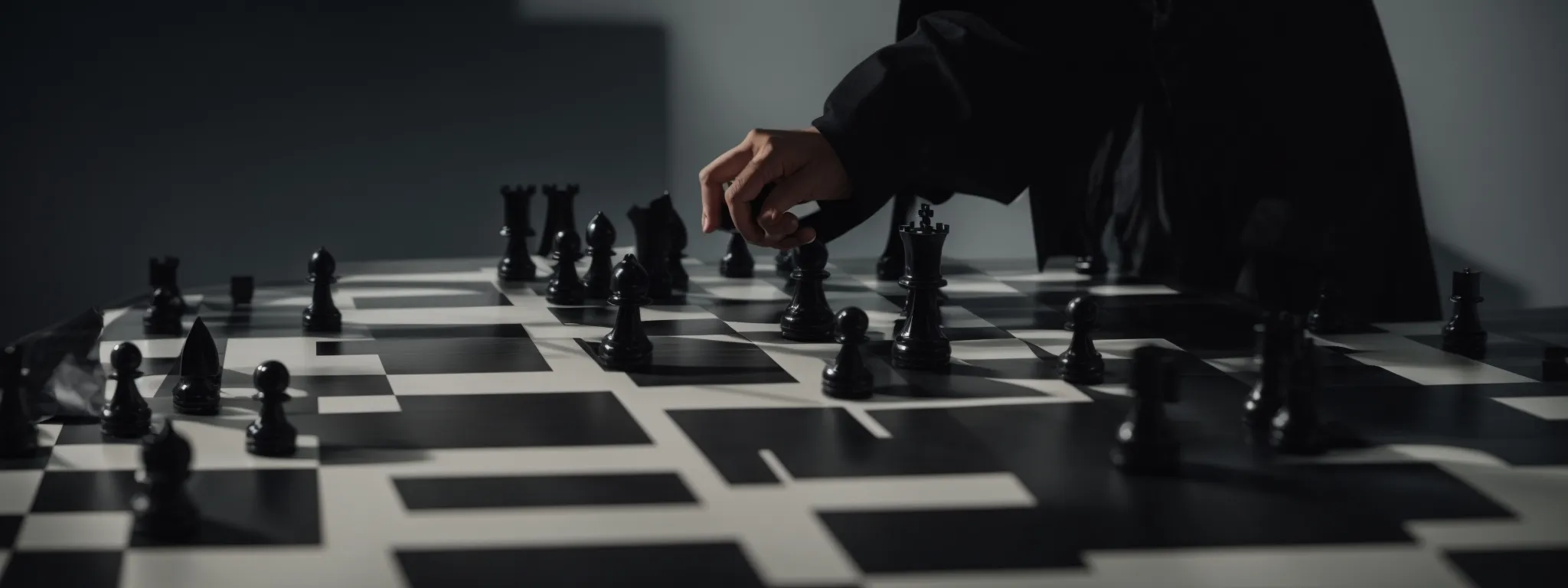 a cloaked figure stealthily adjusting the pieces on a large, shadowy digital chessboard.
