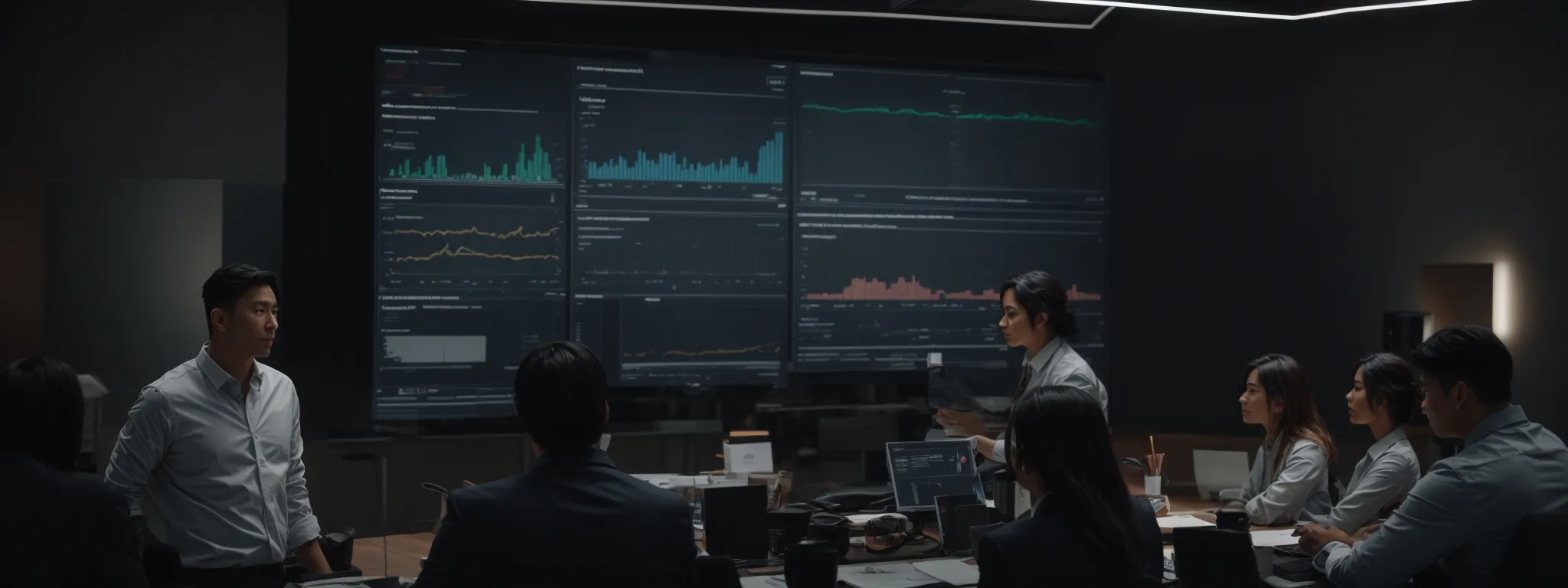 a team gathered around a large screen displays a dynamic dashboard with project timelines, marketing analytics, and a secure cloud storage interface.