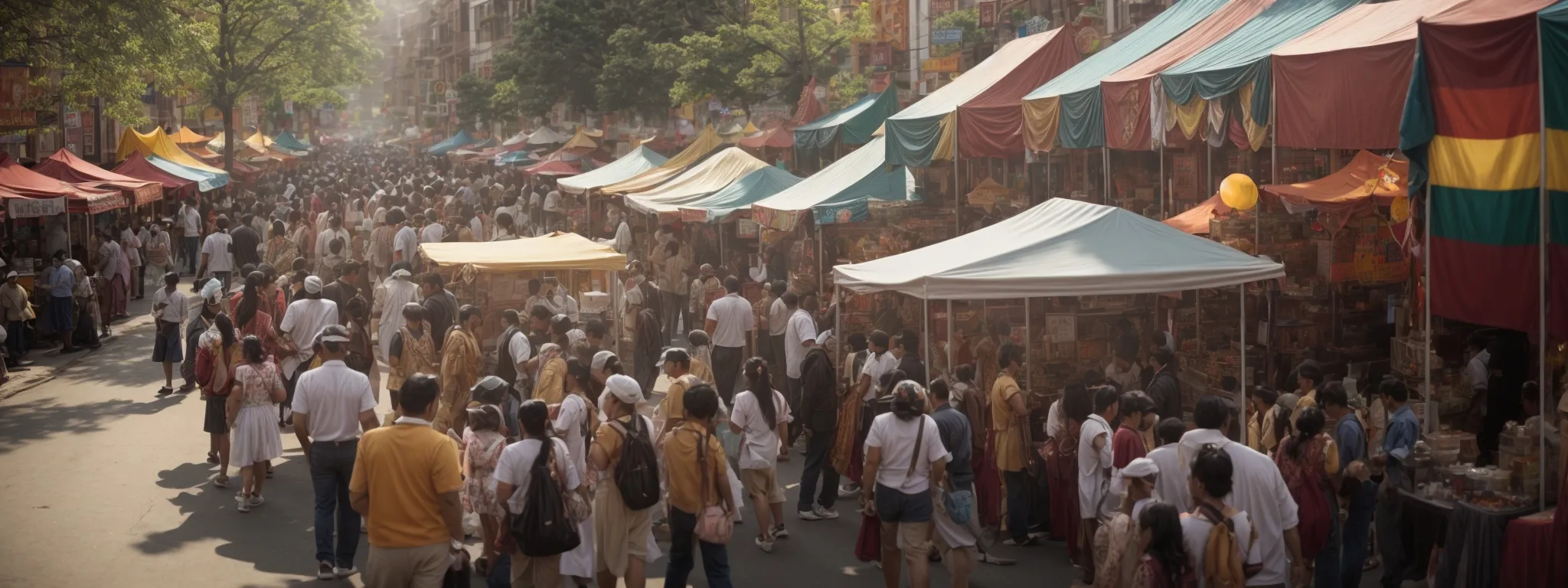 a vibrant street fair with local business booths engaging with community members.