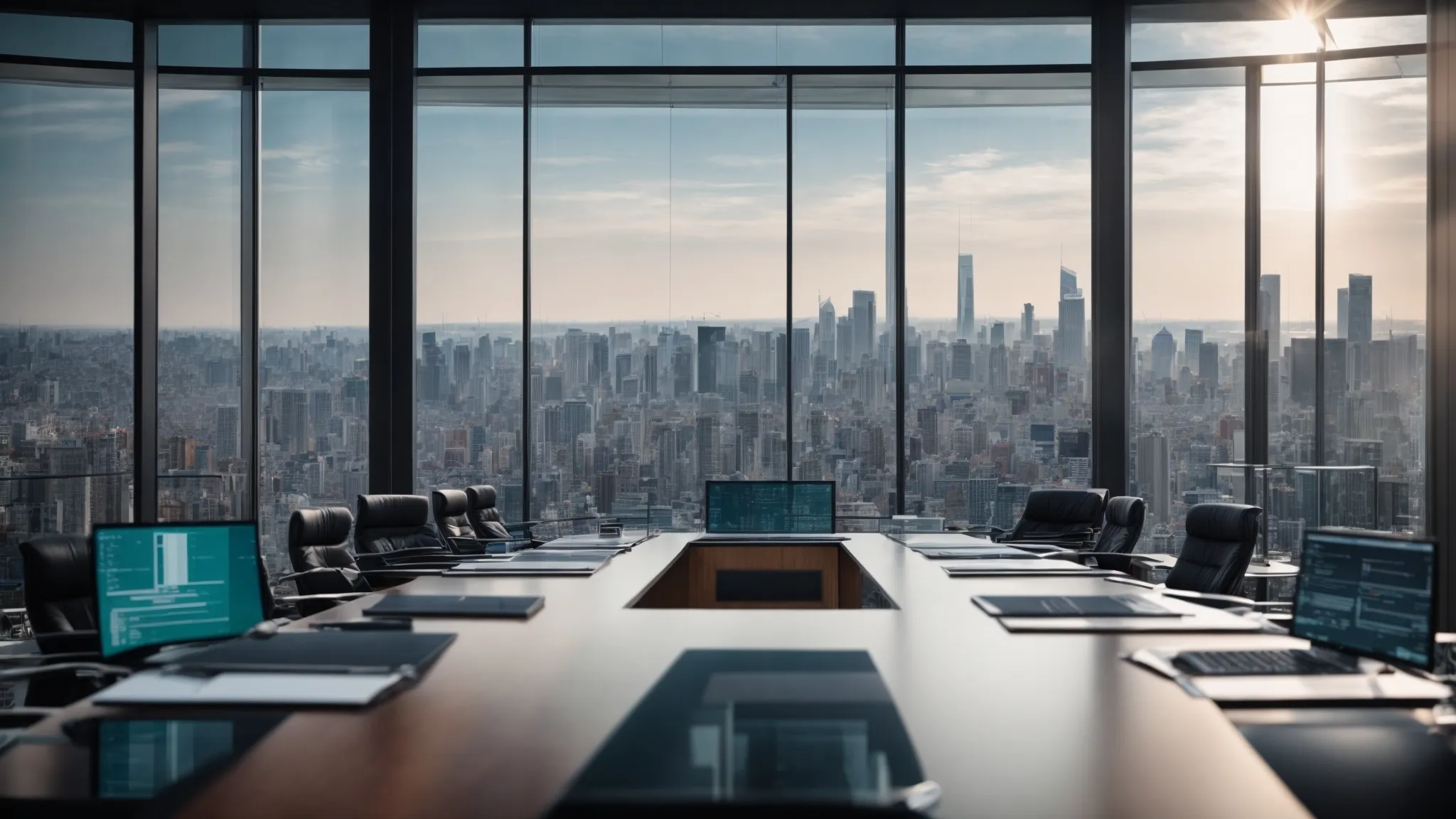 a modern boardroom with a panoramic view of a city skyline, filled with advanced technology and data analytics screens displaying search engine statistics.