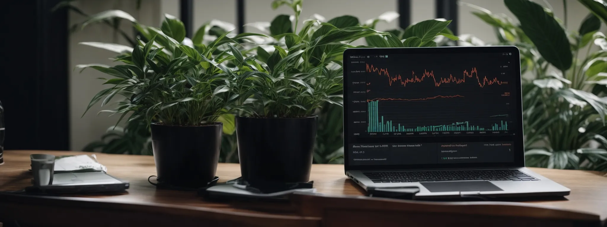 a laptop with analytics charts on the screen, next to a plant, depicting growth and modern seo tactics.