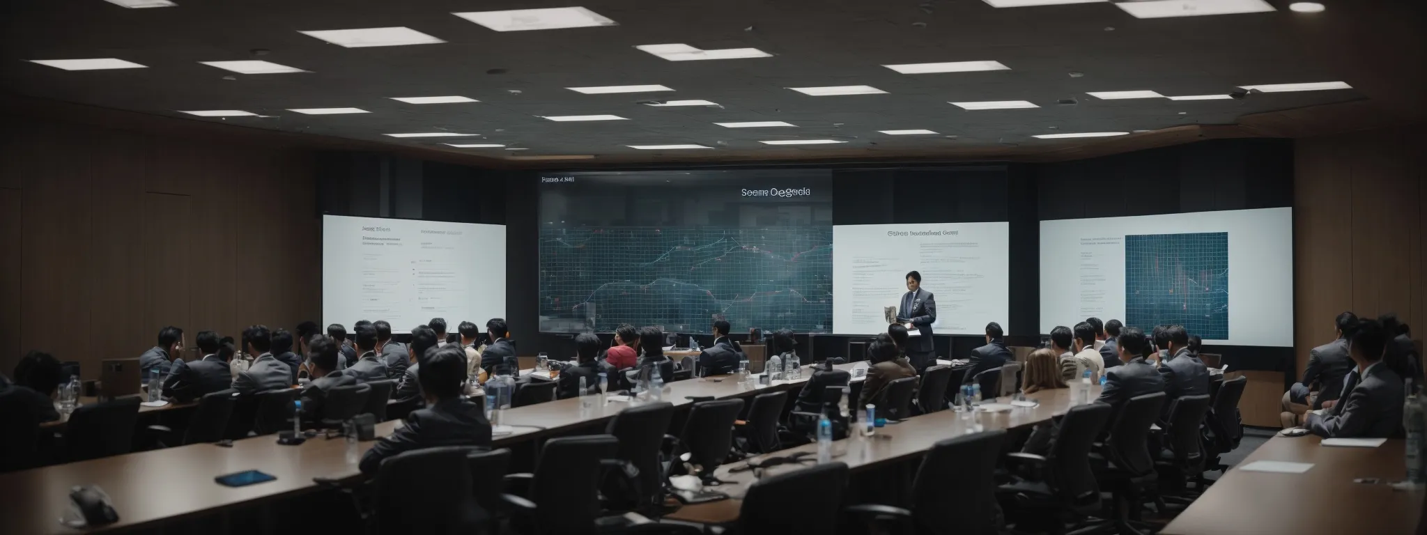 a wide conference room with a large screen displaying a graph of search engine rankings, surrounded by professionals engaging in a collaborative seo workshop.