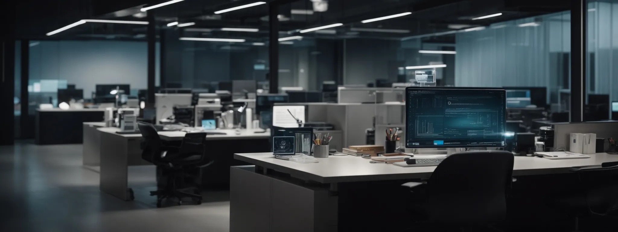 a modern office with a futuristic ai assistant device on the desk, symbolizing cutting-edge search technology.