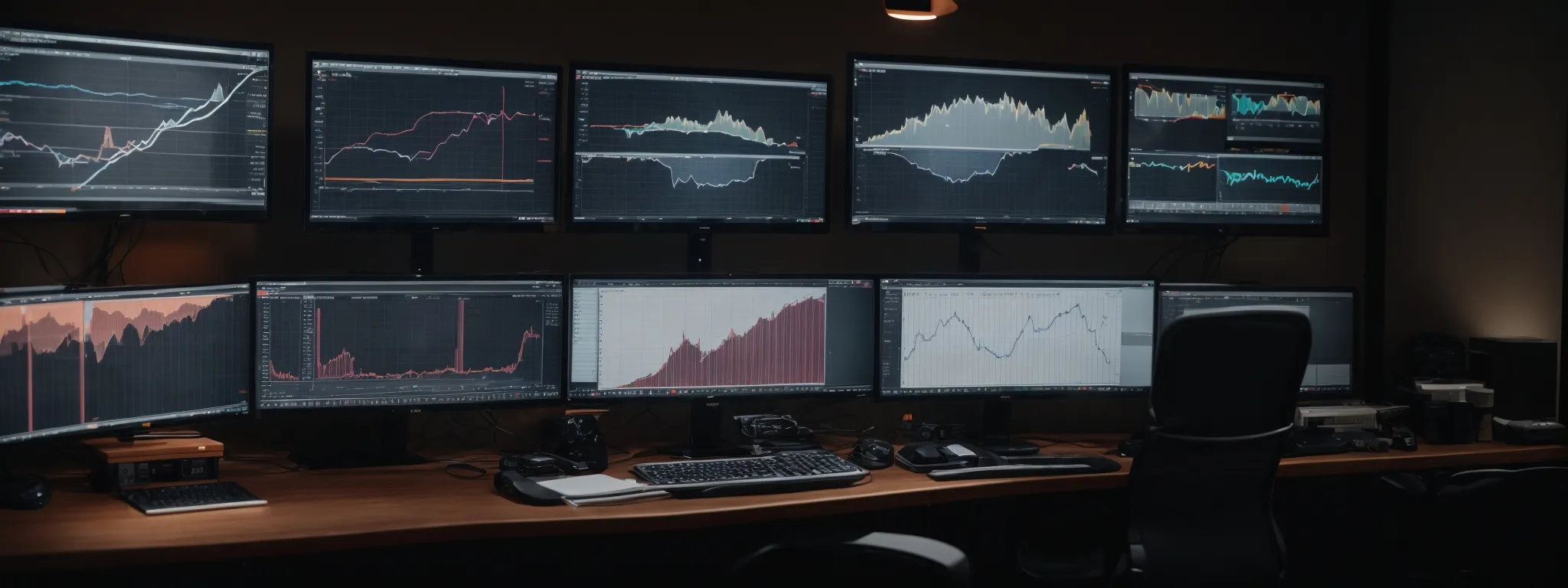 a professional at a desk with multiple monitors displaying graphs and analytics.