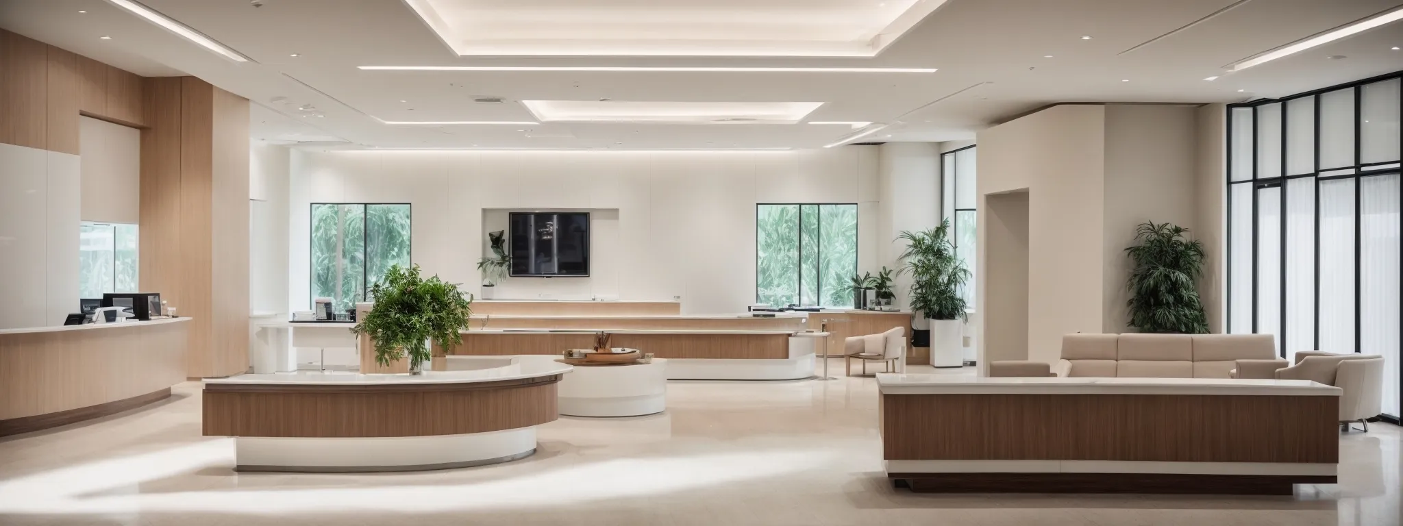a modern plastic surgery clinic's sleek lobby with minimal design elements, highlighting a clean and professional atmosphere.