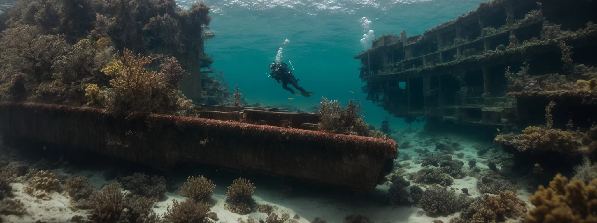 a diver swims through clear ocean waters, approaching a sunken, treasure-laden shipwreck.