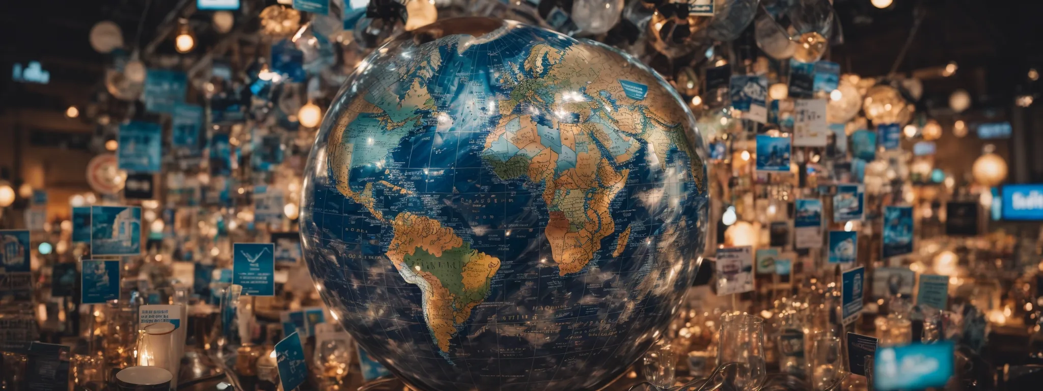 a globe surrounded by various digital marketing icons symbolizing international seo strategies.