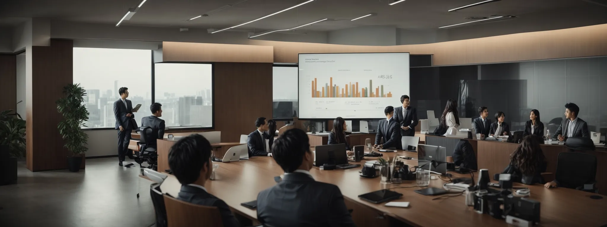 a dynamic office setting with a meeting in progress and a visible growth chart on a screen.
