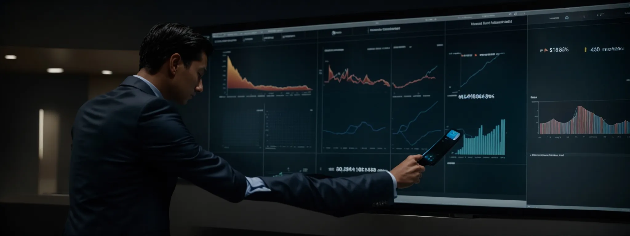 a business professional interacts with an interactive dashboard on a sleek touchscreen display, illustrating dynamic data analytics.